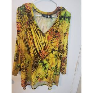 Attitudes by Renee Tunic Womens Blouse L Yellow Butterfly Pockets V Neck Stretch